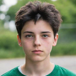 A portrait of a 17-year-old boy with black hair and striking green eyes.