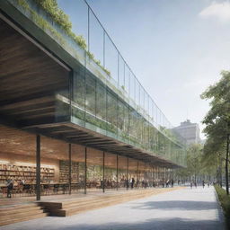 Design an innovative glass structure connecting two buildings. It features heating elements for melting snow and preventing condensation. Inside this structure, incorporate an electric ramp. Underneath the bridge, design spaces to accommodate green spaces or functional stalls, such as a library.