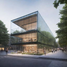 Design an innovative glass structure connecting two buildings. It features heating elements for melting snow and preventing condensation. Inside this structure, incorporate an electric ramp. Underneath the bridge, design spaces to accommodate green spaces or functional stalls, such as a library.