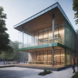 Design an innovative glass structure connecting two buildings. It features heating elements for melting snow and preventing condensation. Inside this structure, incorporate an electric ramp. Underneath the bridge, design spaces to accommodate green spaces or functional stalls, such as a library.