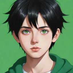 An anime style portrait of a 17-year-old boy with black hair and vivid green eyes.