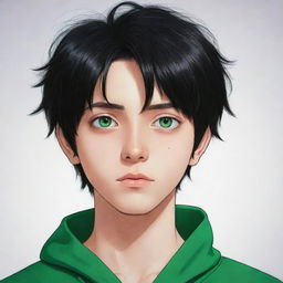 An anime style portrait of a 17-year-old boy with black hair and vivid green eyes.