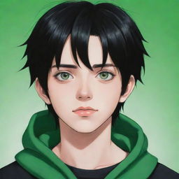 An anime style portrait of a 17-year-old boy with black hair and vivid green eyes.