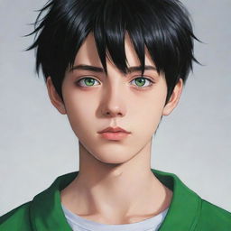 An anime style portrait of a 17-year-old boy with black hair and vivid green eyes.