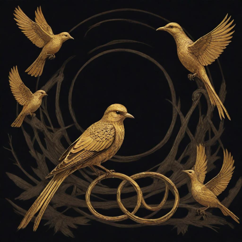 Illustration inspired by the theme 'The Ballad of Songbirds and Snakes', with elements like songbirds, snakes in a rich dystopian atmosphere. The color scheme should be predominantly dark gold, encapsulating the essence of The Hunger Games.