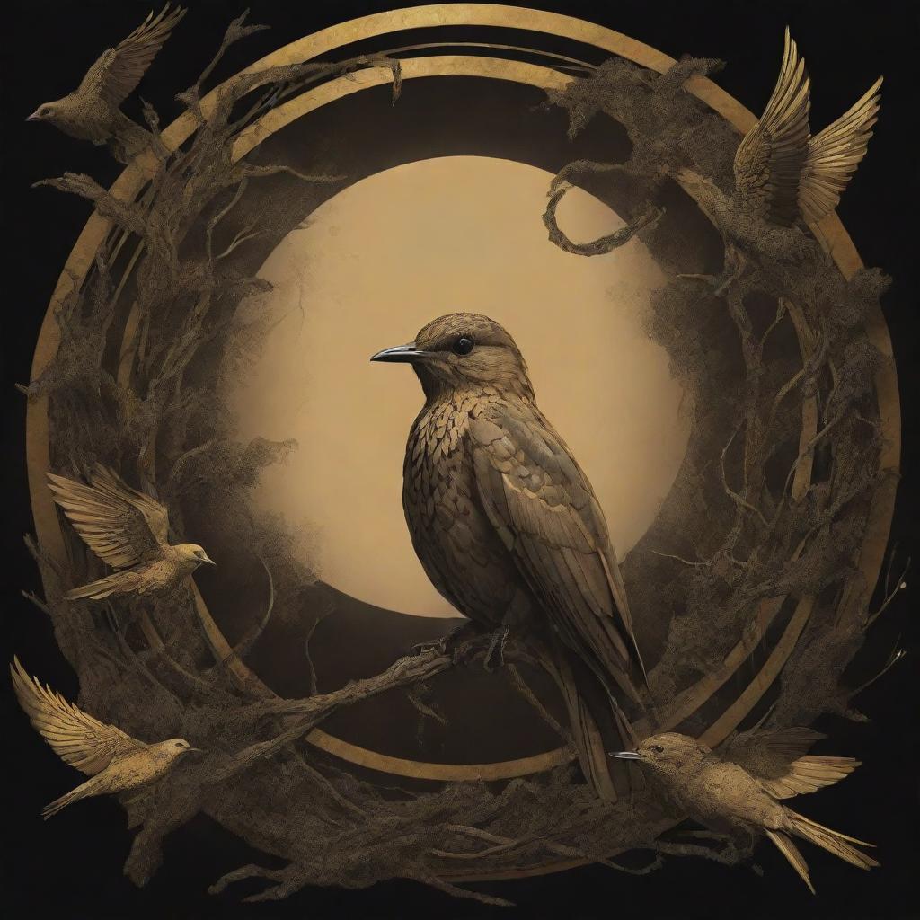 Illustration inspired by the theme 'The Ballad of Songbirds and Snakes', with elements like songbirds, snakes in a rich dystopian atmosphere. The color scheme should be predominantly dark gold, encapsulating the essence of The Hunger Games.