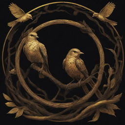 Illustration inspired by the theme 'The Ballad of Songbirds and Snakes', with elements like songbirds, snakes in a rich dystopian atmosphere. The color scheme should be predominantly dark gold, encapsulating the essence of The Hunger Games.