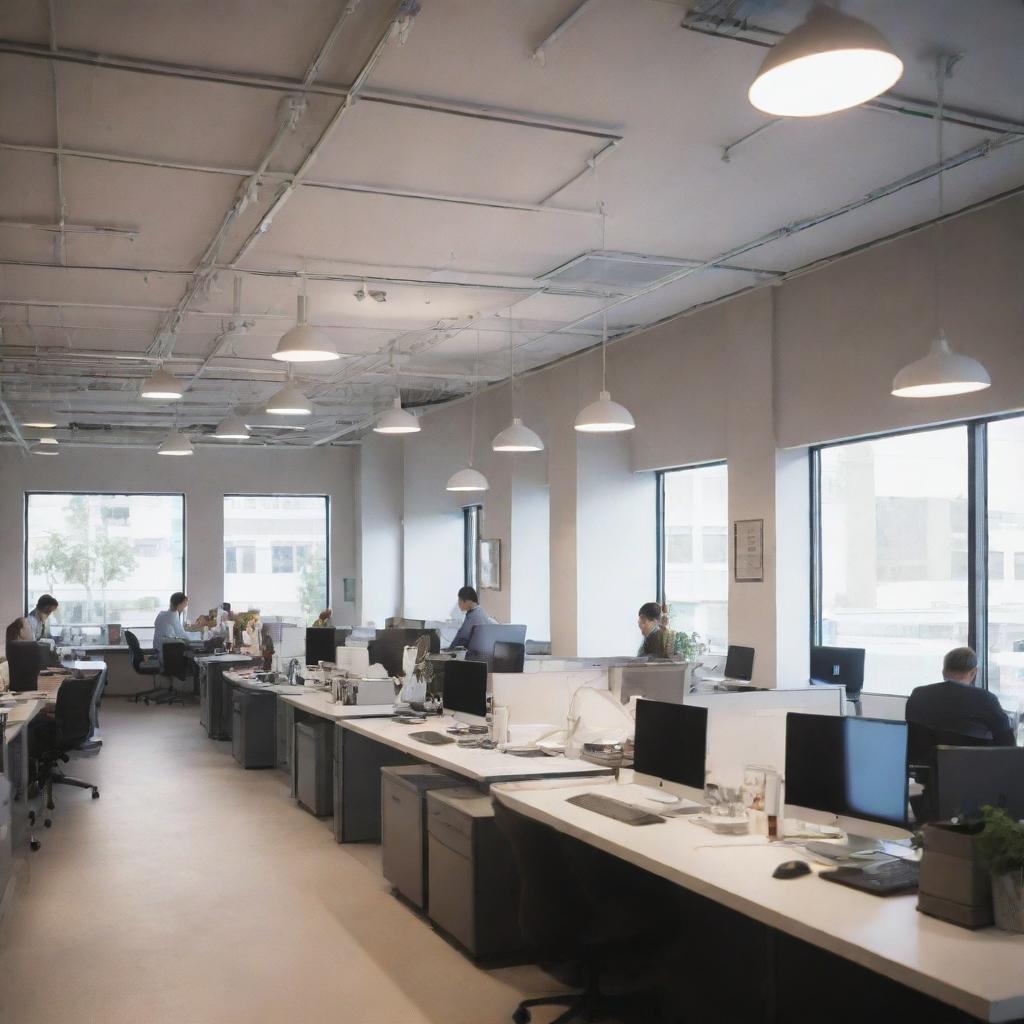 A busy, modern office environment with professionals focused on their respective tasks. Bright light fixtures illuminate the space, casting a soft glow on desks equipped with laptops, documents, and cups of coffee.