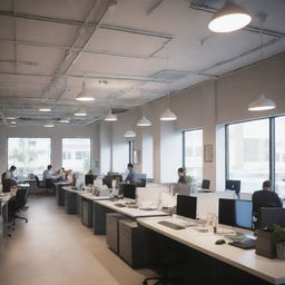 A busy, modern office environment with professionals focused on their respective tasks. Bright light fixtures illuminate the space, casting a soft glow on desks equipped with laptops, documents, and cups of coffee.