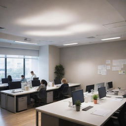 A busy, modern office environment with professionals focused on their respective tasks. Bright light fixtures illuminate the space, casting a soft glow on desks equipped with laptops, documents, and cups of coffee.