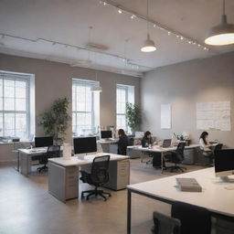 A busy, modern office environment with professionals focused on their respective tasks. Bright light fixtures illuminate the space, casting a soft glow on desks equipped with laptops, documents, and cups of coffee.