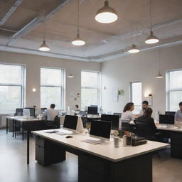 A busy, modern office environment with professionals focused on their respective tasks. Bright light fixtures illuminate the space, casting a soft glow on desks equipped with laptops, documents, and cups of coffee.