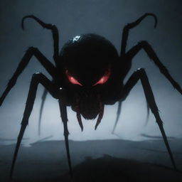 A spider styled as an anime 'senpai' character in a psychopath-themed surrounding. The spider is elegant yet sinister, in a dark and intense environment filled with traditional anime thriller elements.