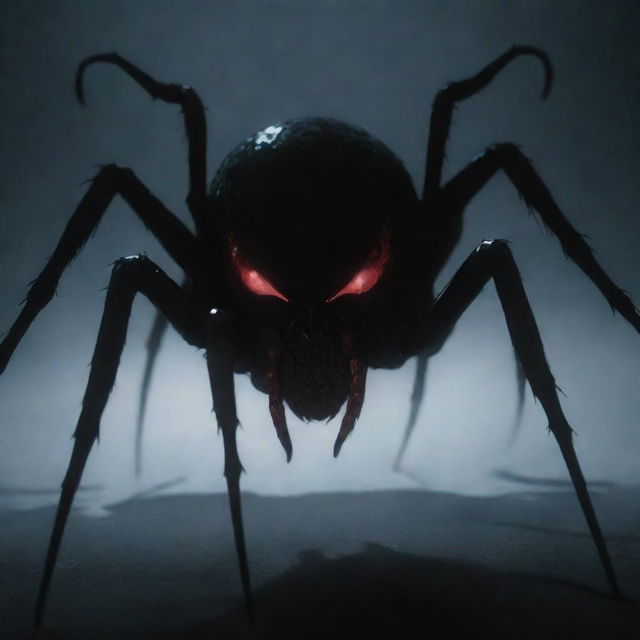 A spider styled as an anime 'senpai' character in a psychopath-themed surrounding. The spider is elegant yet sinister, in a dark and intense environment filled with traditional anime thriller elements.