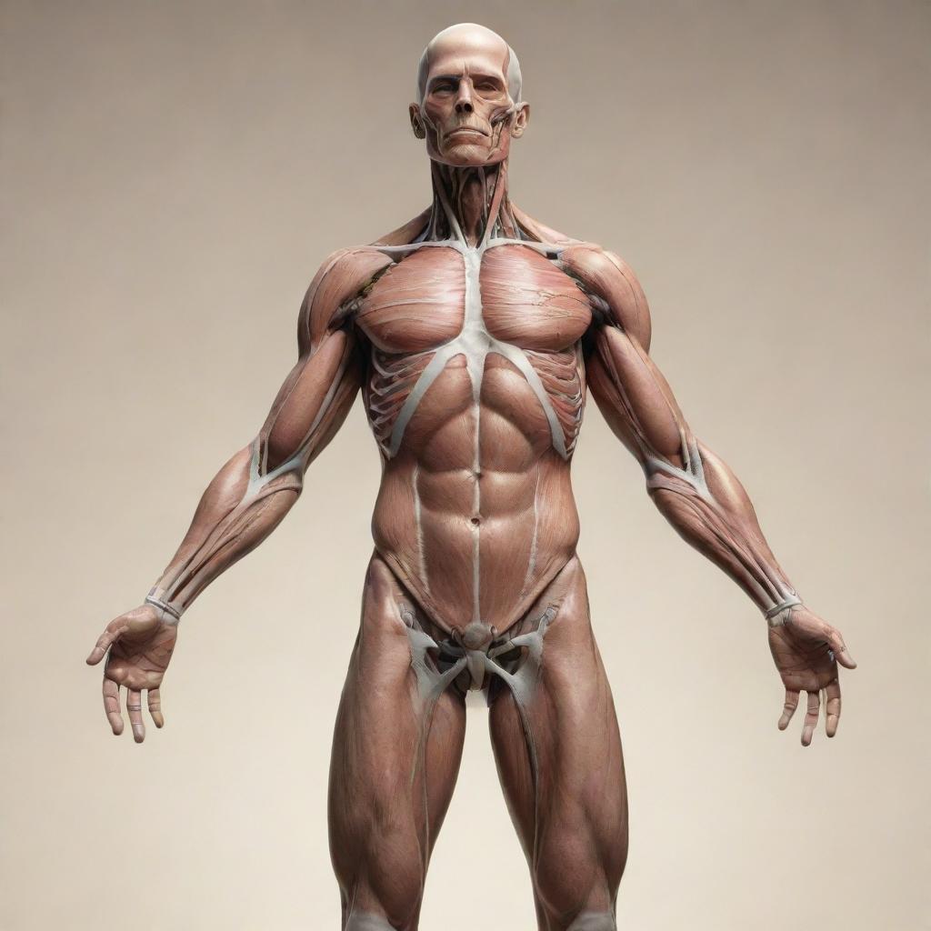 A realistic portrayal of a human standing upright, featuring intricate details showcasing the complexity of human anatomy, set against a serene backdrop.