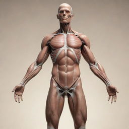 A realistic portrayal of a human standing upright, featuring intricate details showcasing the complexity of human anatomy, set against a serene backdrop.