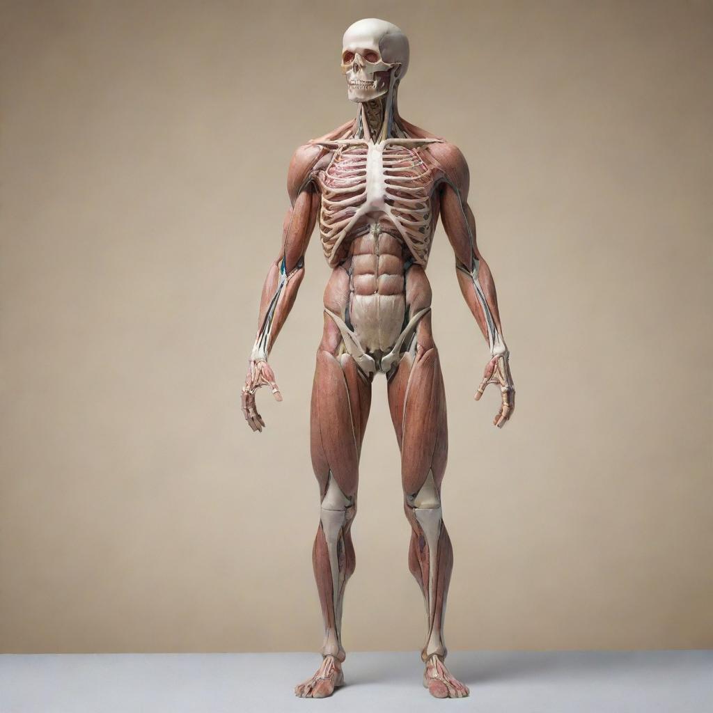 A realistic portrayal of a human standing upright, featuring intricate details showcasing the complexity of human anatomy, set against a serene backdrop.