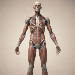 A realistic portrayal of a human standing upright, featuring intricate details showcasing the complexity of human anatomy, set against a serene backdrop.