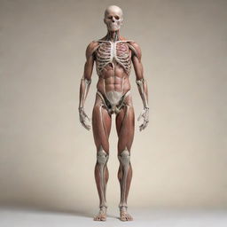 A realistic portrayal of a human standing upright, featuring intricate details showcasing the complexity of human anatomy, set against a serene backdrop.