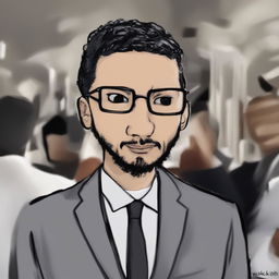 A digital art image in the Wojak meme style, featuring a character that represents Sundar Pichai