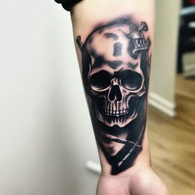 The tattoo of a skull and crossbones on his forearm added to the horror theme of his Halloween costume.