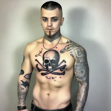 The tattoo of a skull and crossbones on his forearm added to the horror theme of his Halloween costume.