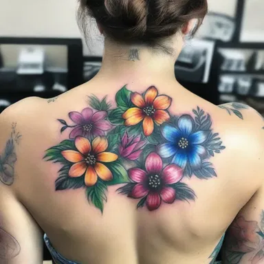 The tattoo artist used vibrant colors and delicate lines to create a stunning floral design on the customer's back.