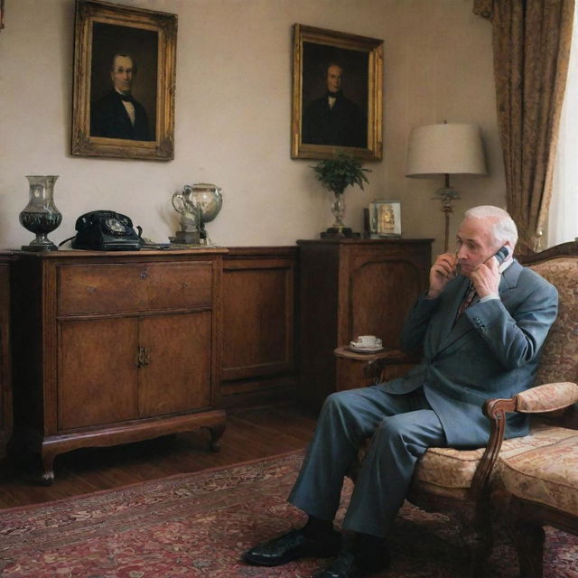 A distinguished government official engrossed in a phone conversation in his elegant, orderly room. Meanwhile, an elderly mother sits patiently nearby, anxiously waiting for his call to end.