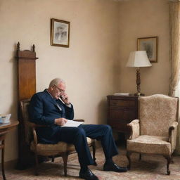 A distinguished government official engrossed in a phone conversation in his elegant, orderly room. Meanwhile, an elderly mother sits patiently nearby, anxiously waiting for his call to end.