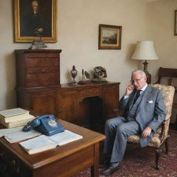 A distinguished government official engrossed in a phone conversation in his elegant, orderly room. Meanwhile, an elderly mother sits patiently nearby, anxiously waiting for his call to end.