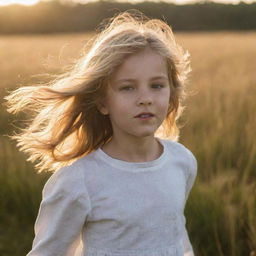 A young girl in a field, bathed in golden sunlight, with her hair blowing in the breeze.