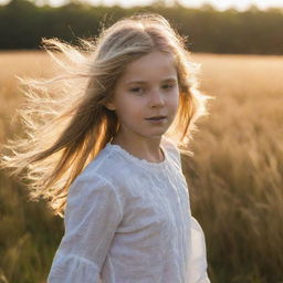 A young girl in a field, bathed in golden sunlight, with her hair blowing in the breeze.