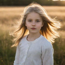 A young girl in a field, bathed in golden sunlight, with her hair blowing in the breeze.