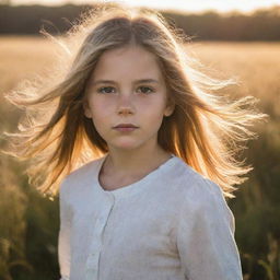 A young girl in a field, bathed in golden sunlight, with her hair blowing in the breeze.