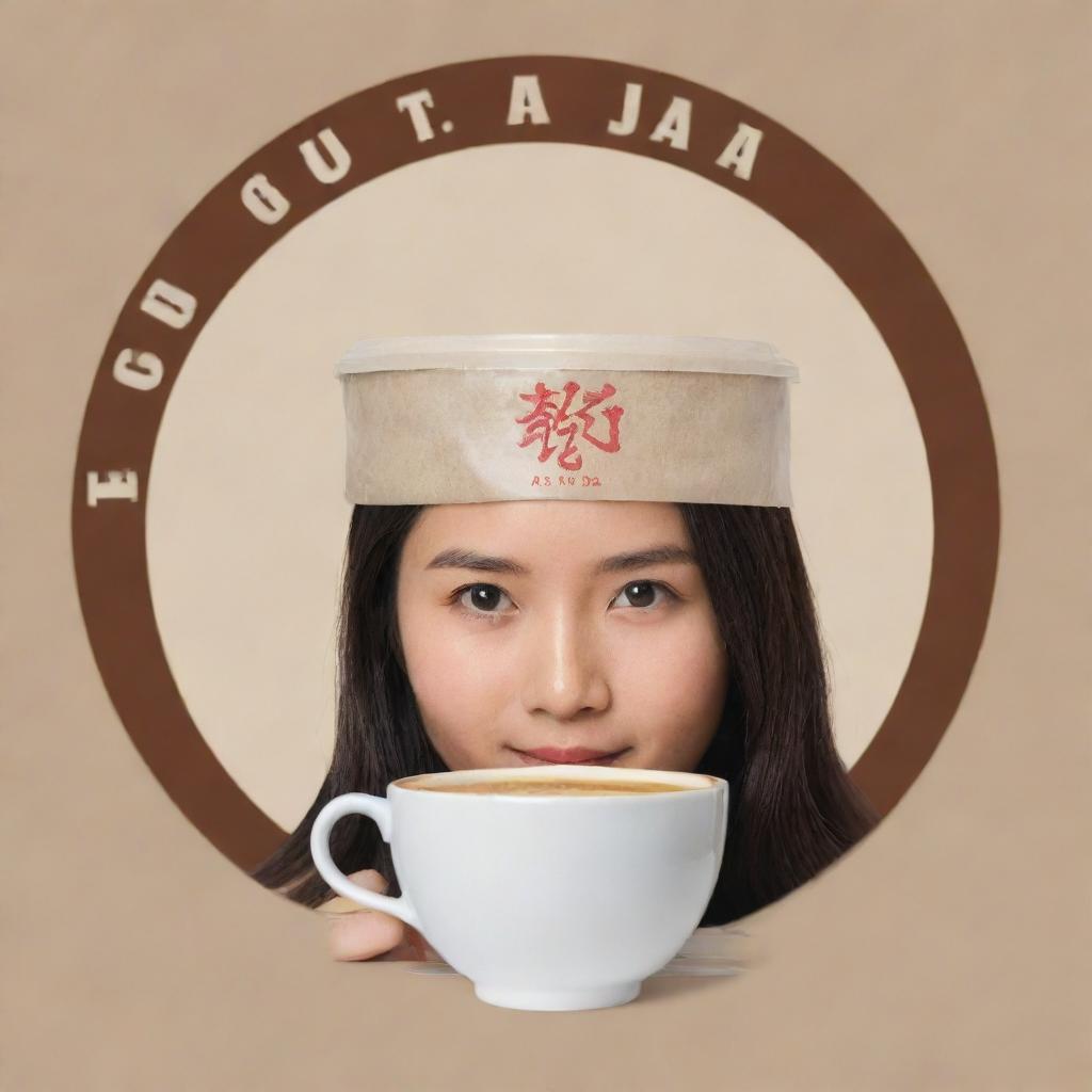 A logo featuring the words 'Gupitan Jaya' hovering above a coffee cup, held by a traditional Japanese girl.