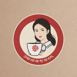 A logo featuring the words 'Gupitan Jaya' hovering above a coffee cup, held by a traditional Japanese girl.