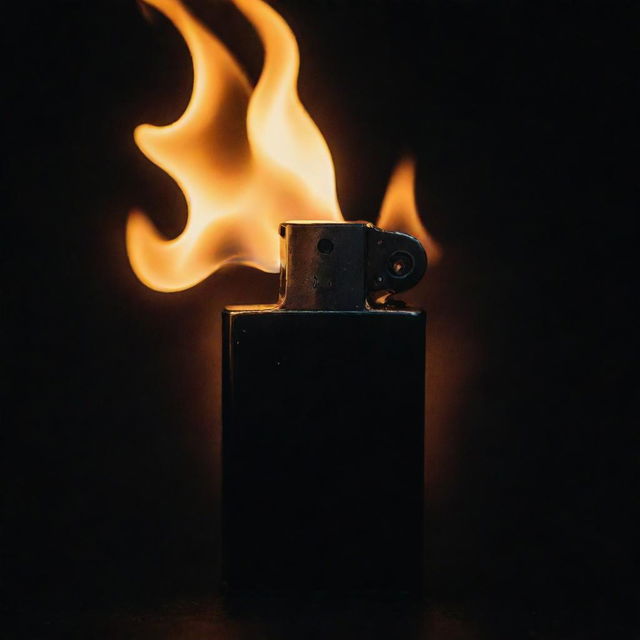 A dark-themed image showcasing an ignited lighter, flames dancing in the midst of obscurity