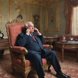 A caricature of an eminent government official engrossed in a phone conversation within his ornate room. A humorously exaggerated depiction of an elderly mother sits in the foreground, her expressions visible as she eagerly awaits his call