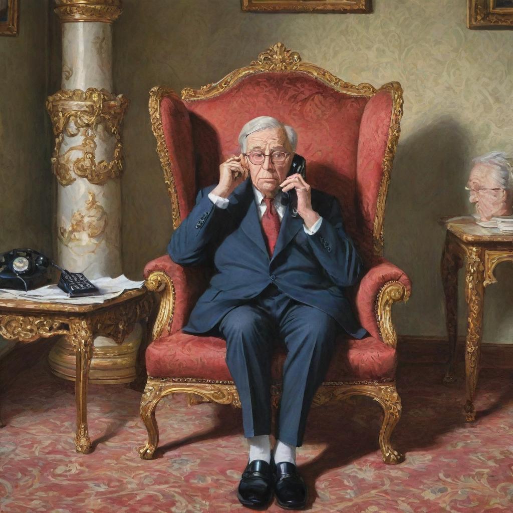 A caricature of an eminent government official engrossed in a phone conversation within his ornate room. A humorously exaggerated depiction of an elderly mother sits in the foreground, her expressions visible as she eagerly awaits his call