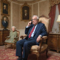 A caricature of an eminent government official engrossed in a phone conversation within his ornate room. A humorously exaggerated depiction of an elderly mother sits in the foreground, her expressions visible as she eagerly awaits his call