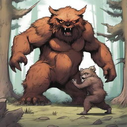 A high-quality digital art piece featuring a battle scene between a homunculus and an owlbear cub