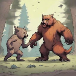 A high-quality digital art piece featuring a battle scene between a homunculus and an owlbear cub