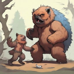 A high-quality digital art piece featuring a battle scene between a homunculus and an owlbear cub