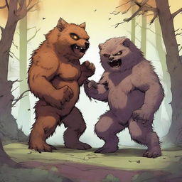 A high-quality digital art piece featuring a battle scene between a homunculus and an owlbear cub