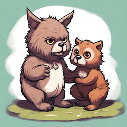 A charming piece of digital art showcasing an owlbear cub playfully interacting with a homunculus