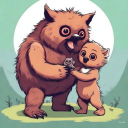 A charming piece of digital art showcasing an owlbear cub playfully interacting with a homunculus