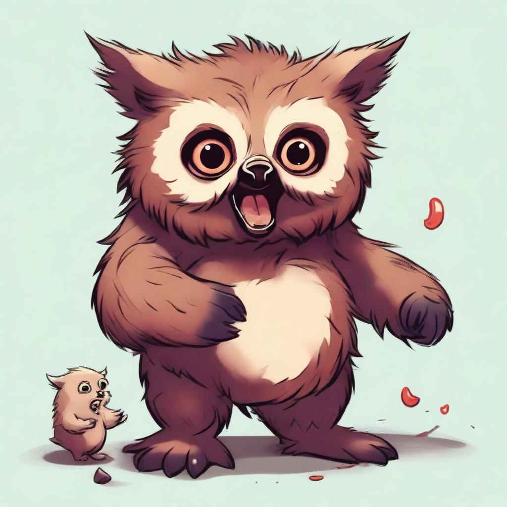 A charming piece of digital art showcasing an owlbear cub playfully interacting with a homunculus