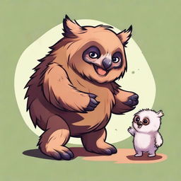 A charming piece of digital art showcasing an owlbear cub playfully interacting with a homunculus