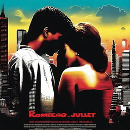 A captivating digital art movie poster for Romeo and Juliet set in a 1990s urban setting