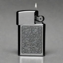 A vintage Zippo lighter in a black and white photography, highlighting its intricate design and distinguished craftsmanship.